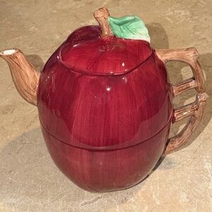 Vintage Peggy Jo Ackley Apple-Shaped Ceramic Teapot and Mug Set